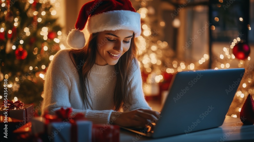 Poster a woman wearing a santa hat sits at a table and types on a laptop. a christmas tree with lights is i