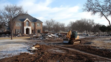 A large industrial crane hoists a pile of metal and junk for recycling amidst tornado destruction in a rural landscape