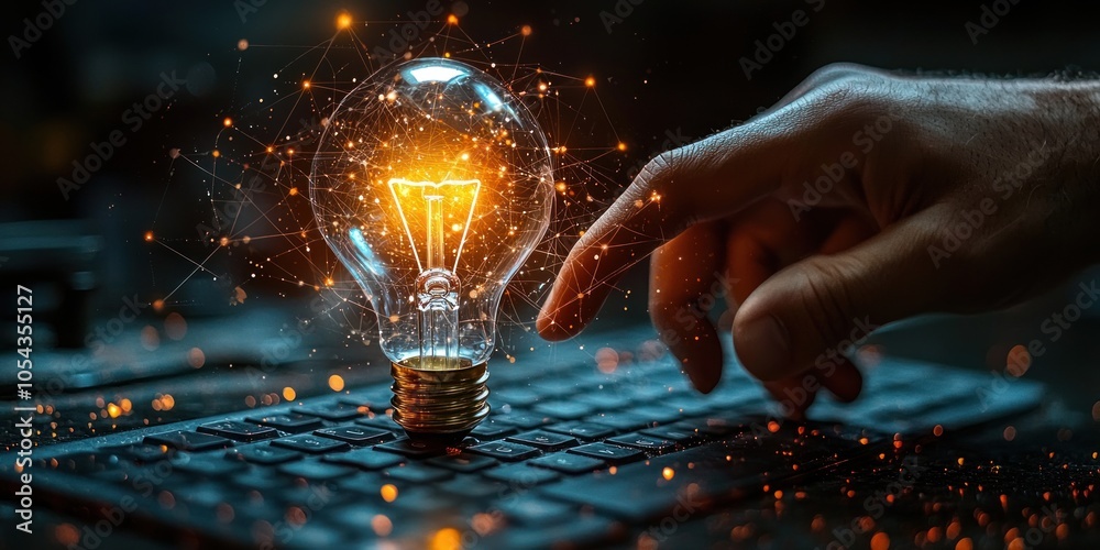 Aufkleber A Glowing Lightbulb Over a Computer Keyboard with a Hand Reaching Towards It