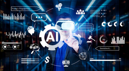 Businessman with headset standing at data center while using AI assistance. Project manager pointing hologram and using augmented reality goggles and AI chat for planning marketing plan. Ingenuity.