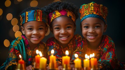 cultural celebration, kids in vibrant African clothes celebrate Kwanzaa, joyfully joining a ceremony with the lit kinara candles