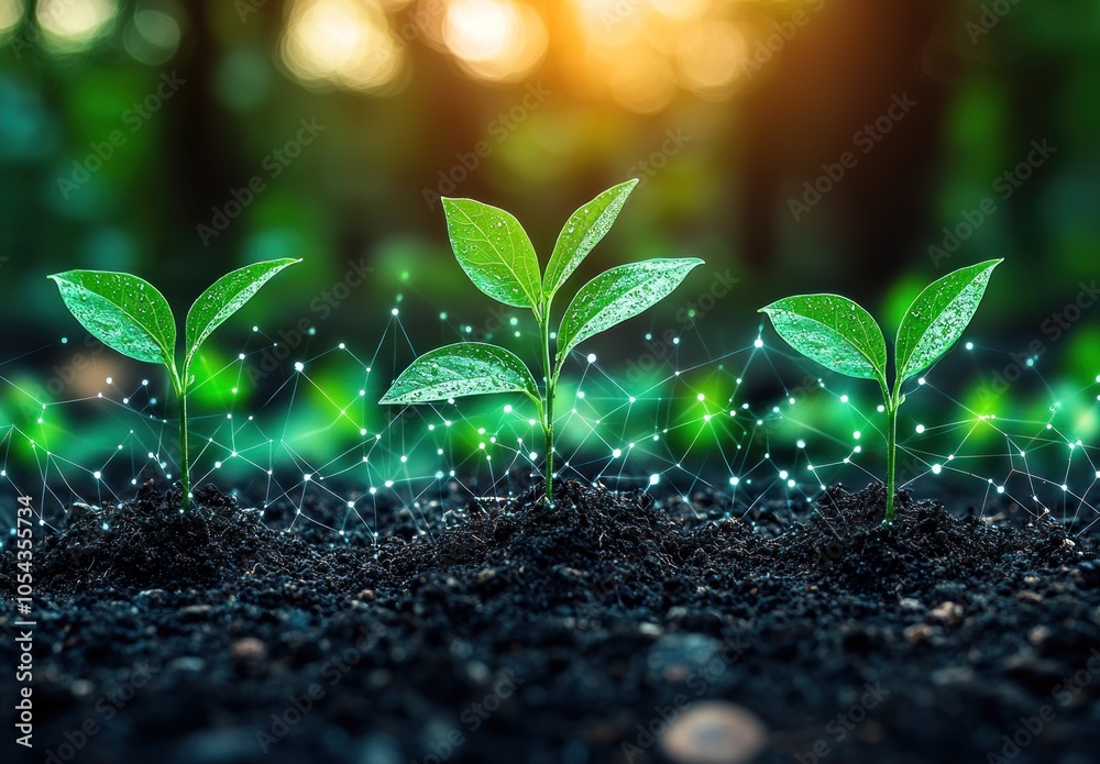 Aufkleber three green saplings emerging from soil with digital network