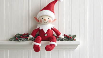 Fototapeta premium Christmas Elf Doll Sitting on Shelf with Holly Sprigs