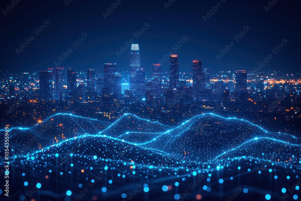 Poster illuminated cityscape with digital network and glowing lights