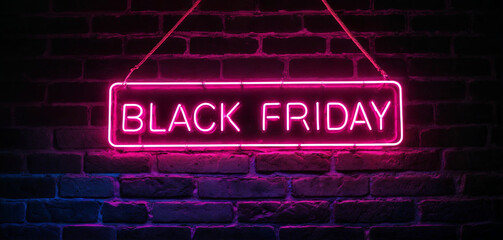 Obraz premium A bright neon sign displaying Black Friday hangs against a dark brick wall, creating an energetic vibe as shoppers anticipate holiday deals and discounts