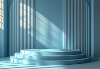Obraz premium Blue Minimalist Platform with Striped Walls and Sunbeams