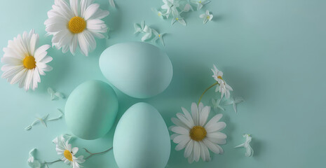 Happy Easter frame with teal easter eggs and cherry blossoms on light green background with copy space. Spring horizontal banner template, greeting card. Top view, flat lay 