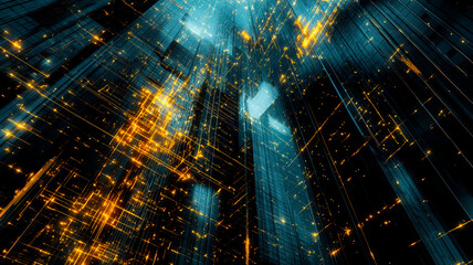 Vertical Skyscrapers Illuminated Through Digital Matrix Creating Futuristic Urban Landscape With Orange Turquoise Reflections
