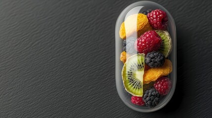 A Lucid capsule filled with dried fruit pieces like berries, kiwi, and orange, symbolizing the fusion of nature s sweetness and modern health, Fruit capsule, natural remedy, vibrant nutrition