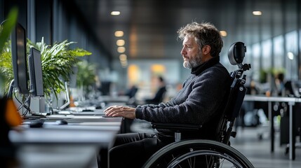 A wheelchair user navigating through an office filled with desks during a busy workday