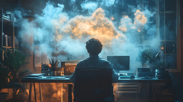 An atmospheric photography of a businessperson in a modern workspace with holographic cloud data floating above their desk, representing cloud-computing as a critical tool in remote work environments.