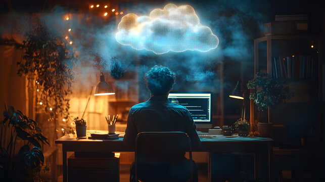 An atmospheric photography of a businessperson in a modern workspace with holographic cloud data floating above their desk, representing cloud-computing as a critical tool in remote work environments.