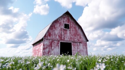 Obraz premium A classic red barn stands tall against a blue sky with fluffy white clouds.