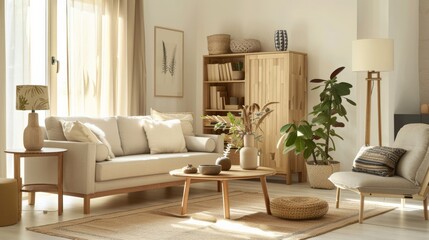 Scandinavian-style living room with light wood furniture and neutral colors, highlighting simplicity and elegance