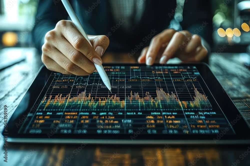 Aufkleber a person using a stylus on a tablet to analyze financial data