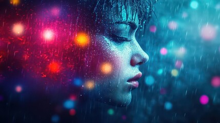 A face drenched in rain, illuminated by city lights, expressing melancholy in an urban setting, Cyberpunk, Neon lighting, Dark hues, Realistic textures