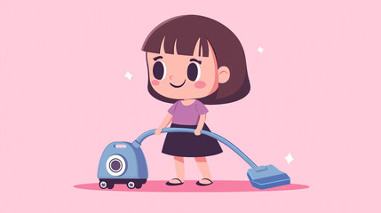 Cute Cartoon Girl Cleaning with Vacuum Cleaner