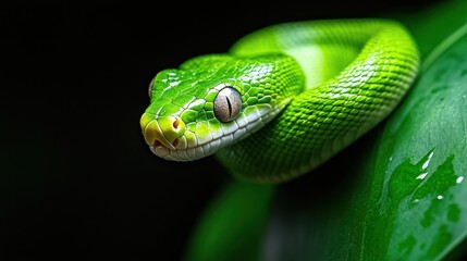 This vibrant green tree snake rests elegantly on a leaf, its scales glistening in the natural light. The surroundings highlight the richness of its habitat in a tropical rainforest