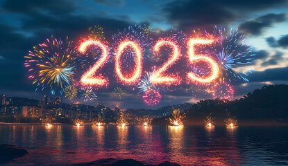 Happy New Year 2025, background banner greeting card illustration. AI generative.
