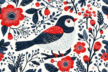 Fototapeta premium Intricate floral pattern with red and orange flowers set against a dark blue background featuring decorative birds and leaves perfect for textile design wallpaper or decorative art