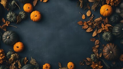 Autumn-themed Halloween background with assorted pumpkins and gourds in shades of orange, green, and brown on a dark surface. 