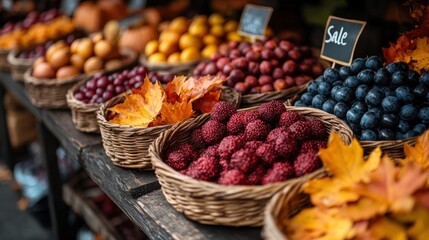 A bustling market features an array of fresh seasonal fruits, including grapes, berries, and plums, artistically arranged in woven baskets surrounded by golden autumn leaves