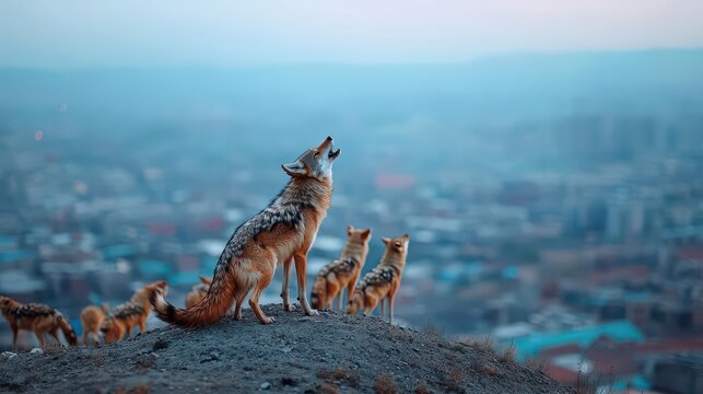 A pack of coyotes howling on top of a hill overlooking a sprawling urban landscape, PostApocalyptic, Desaturated colors, Dramatic lighting