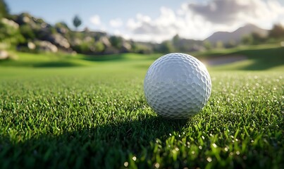Obraz premium A golf ball on a tee against the backdrop of a beautifully manicured green golf course