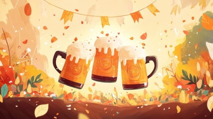 Three glasses of beer with foam on top are floating in the air against a backdrop of an autumn forest with falling leaves, a house, and a string of colorful flags.