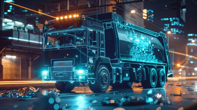 Futuristic holographic projection of a garbage truck navigating a city street at night, showcasing the potential of autonomous vehicles and smart waste management in urban environments