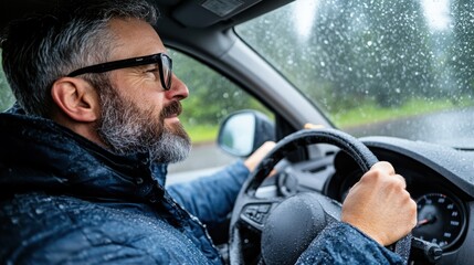 While driving through a downpour, a man attentively grips the steering wheel, wearing glasses and a warm jacket, as rain obscures his view through the windshield