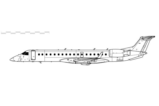 Embraer ERJ-145XR. Vector drawing of regional jet airliner. Side view. Image for illustration and infographics.