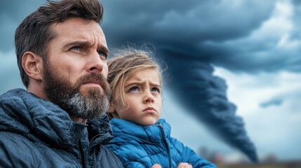 Fototapeta premium A concerned father stands protectively next to his young daughter as they gaze at a threatening funnel cloud forming under brooding skies