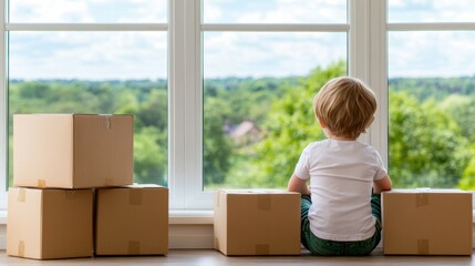 The child, dressed in a simple white shirt, quietly observes the vibrant landscape through a window while sitting beside several stacked cardboard boxes in the cozy room