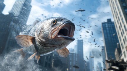 A large fish is airborne amidst a bustling cityscape, evoking a surreal blend of nature and urban life. The chaotic surroundings highlight the unusual occurrence of flooding