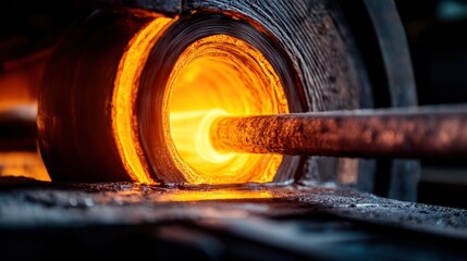 Heat radiates from the glowing molten metal as a steel rod is positioned into the furnace, showcasing the intense process of metalworking in a workshop environment
