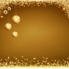 Merry Christmas and Happy New Year card with golden balls and lights.