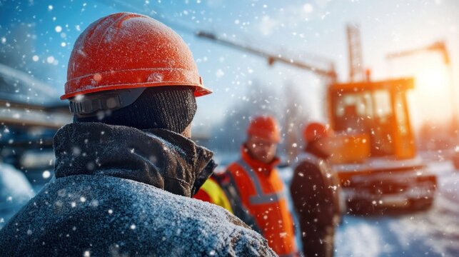 A group of construction workers, dressed in winter gear, is gathered outdoors in snowy weather, focusing on safety as machinery operates in the background during twilight hours