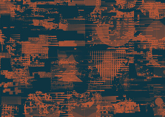 Background with glitch distorted grunge textures . grunge background texture with halftone dots, glitched shapes, textures and lines .Screen print vector background with grunge textured surface.