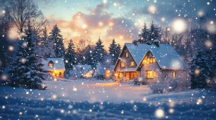 Fototapeta premium A picturesque winter scene with snow-covered houses, illuminated windows, and a magical snowfall.