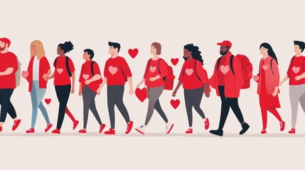 A diverse group of people walking in a line, all wearing red shirts with heart symbols. They are holding hands and walking together.