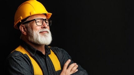 A skilled construction worker with a grey beard and glasses smiles confidently while wearing a yellow hard hat and safety vest, showcasing pride in his profession - Powered by Adobe