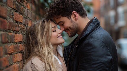A couple embraces lovingly, smiling at each other while leaning against a textured brick wall. The warm evening light creates an intimate atmosphere in a quaint city environment