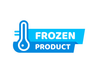 Blue frozen cold product icon, ice crystal label and badge. Isolated vector emblem or sticker for frozen food, features thermometer symbol for packages or frosty cold preservation items