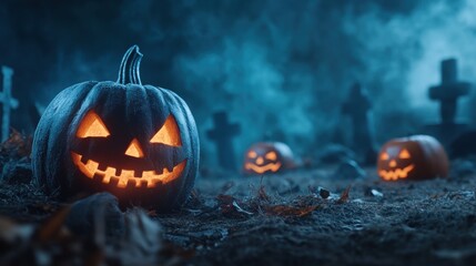 Fototapeta premium Spooky graveyard with fog and jack-o-lanterns, illustrating the eerie atmosphere of Halloween night