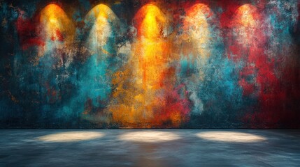 Obraz premium A vibrant wall displays a mix of red, blue, and yellow colors, illuminated by bright spotlights, creating an artistic environment for an upcoming event or performance
