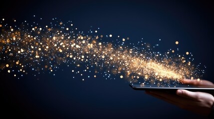 A businessman interacts with a holographic display of AI technology on his laptop, focusing on data analysis and coding tasks