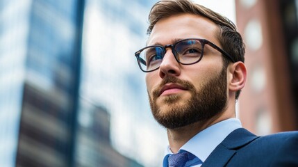 Fototapeta premium A professional young man wearing glasses and a suit gazes confidently into the distance amidst tall glass buildings on a bright day, embodying ambition and determination
