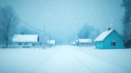 Abandoned village under snowfall, ethereal lighting, eerie calm, vintage, handdrawn effect