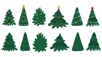 Set of cartoon Christmas trees, pine trees for greeting card, invitation, banner, web. Trees decorated with New Year's details, balls and stars. Flat. Hand drawn